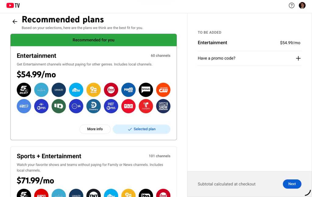 YouTube TV plan page