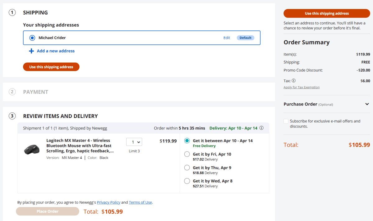 Newegg MX Master 4 order screen 